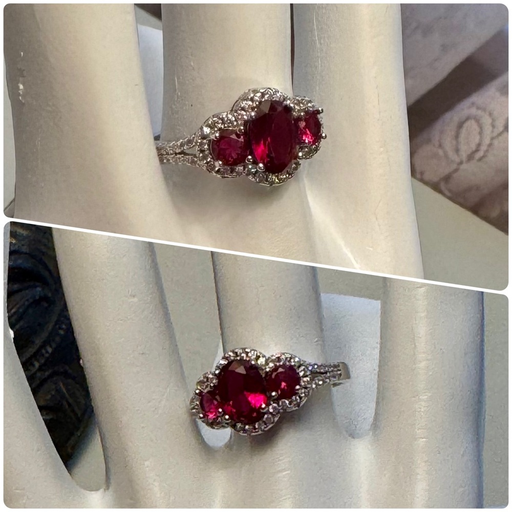 Three Oval Rubies and CZ Stones Set in 925 Sterling Silver Women’s Ring - Picture 6 of 7